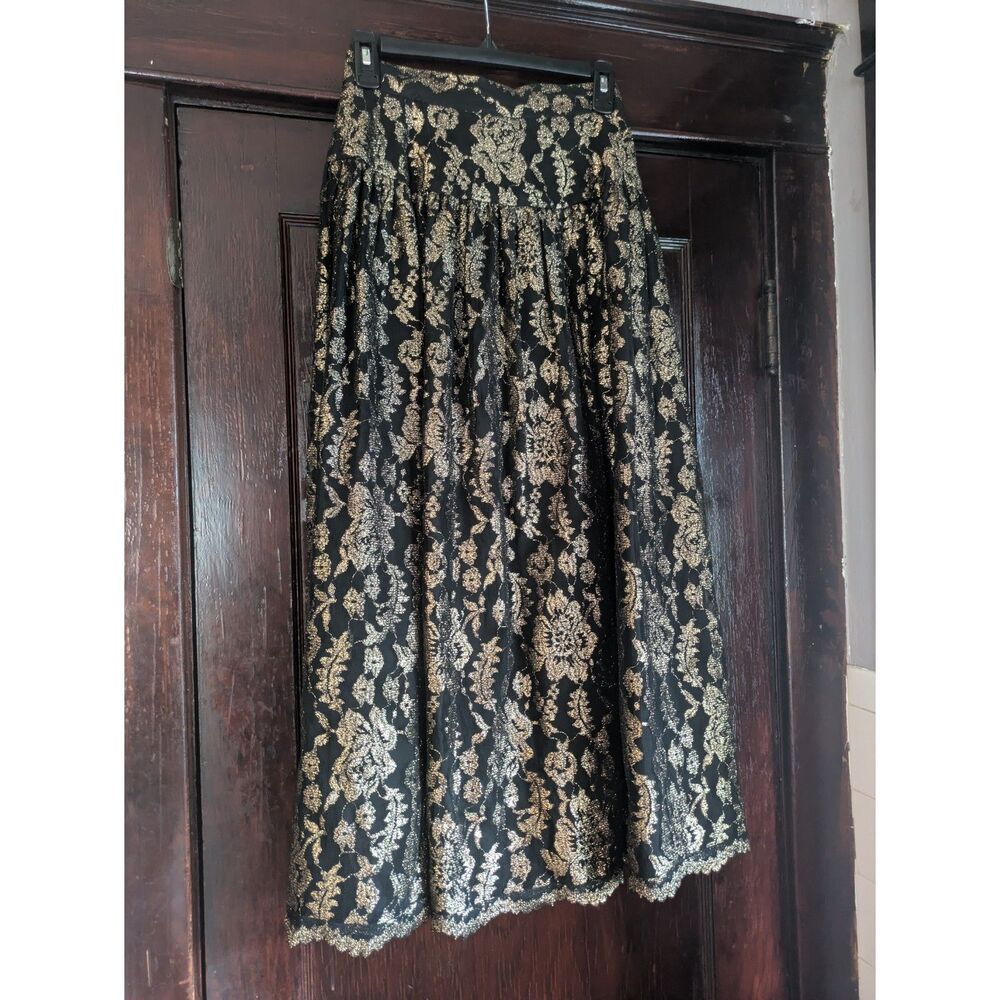 Vintage 80s Black & Gold Floral Lace Skirt with Scalloped Hem - XS
